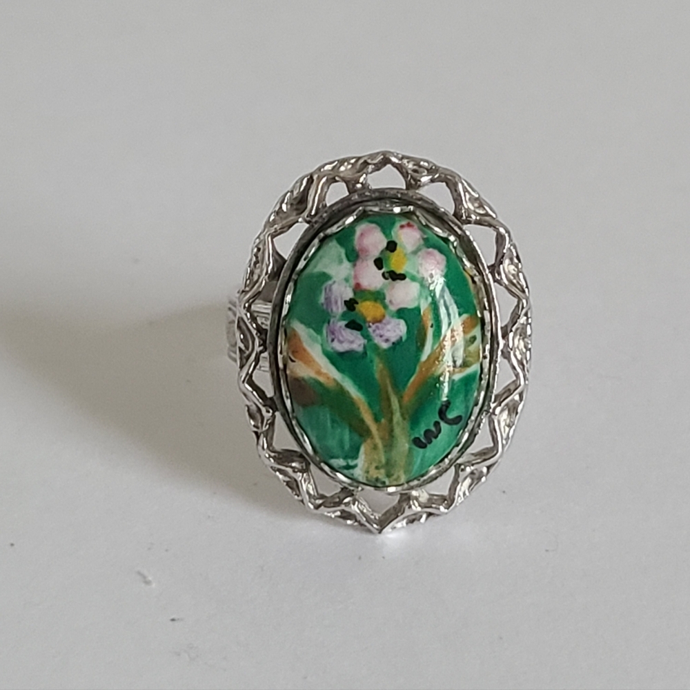 Vintage Boho Hand Painted Enamel Floral Finift Oval Filigree Silver Tone Ring